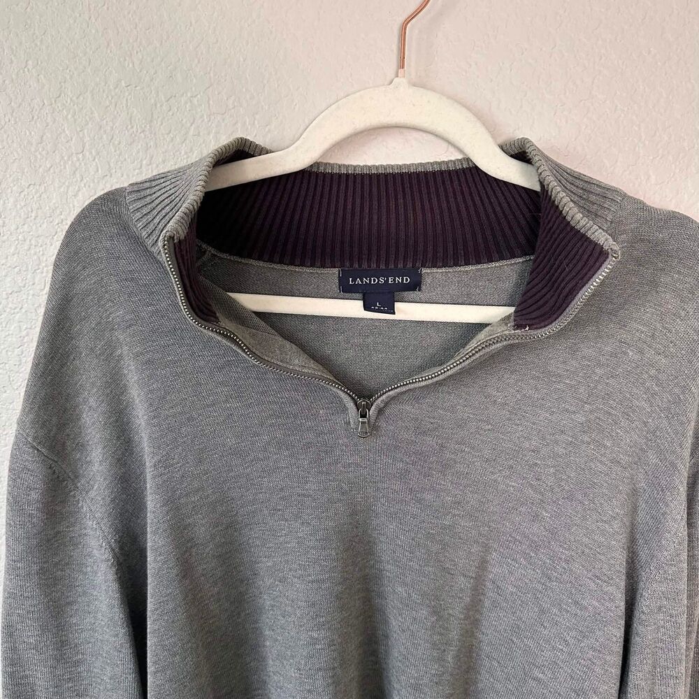 Lands' End Mens L Supima Cotton Quarter Zip Sweater Gray Plum Contrast Collar - Picture 2 of 7